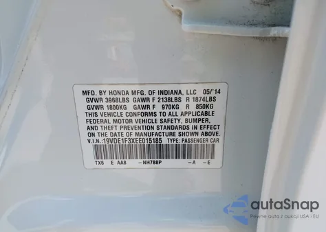 2014 Acura Ilx 2.0L из США, поврежденный, VIN 19VDE1F3XEE015185